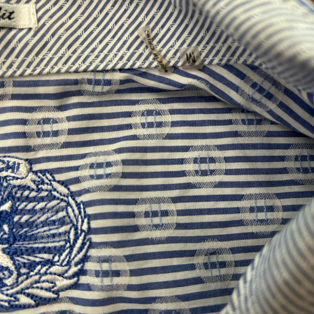 Bugatchi‎ Shaped Fit Blue White Stripe Medallion Print Dress Shirt Men's Medium - Picture 12 of 16